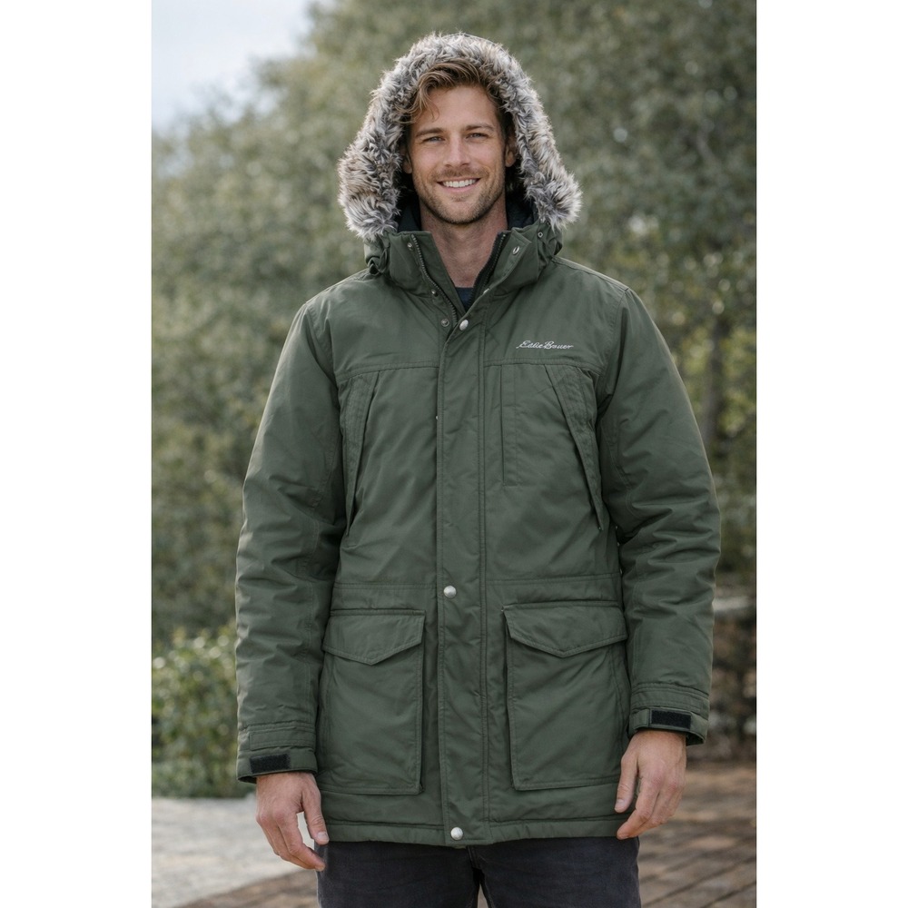 Eddie Bauer WeatherEdge Superior‎ Down Parka Olive Green Mens M Faux Fur Hood